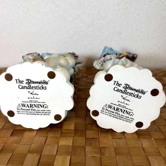 DREAMSICLES 7”Cherubs Candlesticks X2 BY DANBURY MINT Baby Blue w/ Stars Clouds - Picture 10 of 16